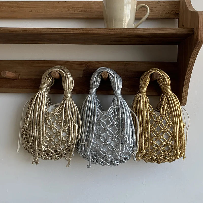 Handwoven Macrame Shoulder Bags Wood Beads & Tassel