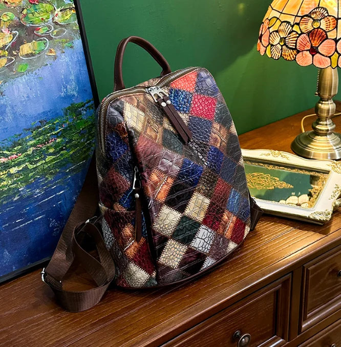 Vintage Splicing Backpack Leather Rucksack Women's Knapsack Travel Backpacks