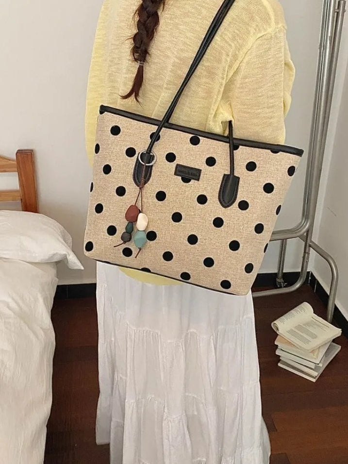 Big Polka Dot Woven Canvas Spliced PU Large Tote Bag