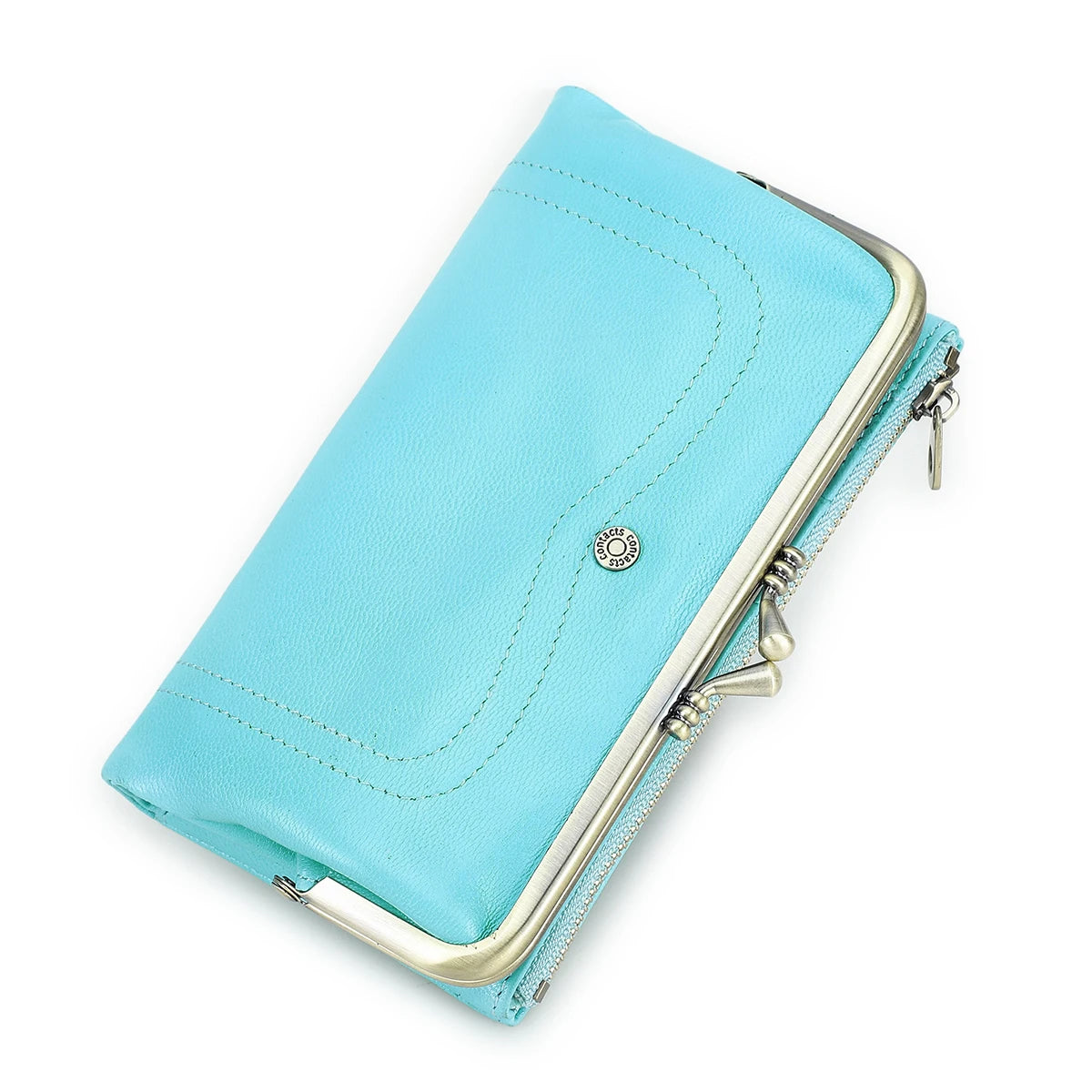 Genuine Leather Kiss Lock Long Wallets for Women Metal Frame Female Purse Card Holder