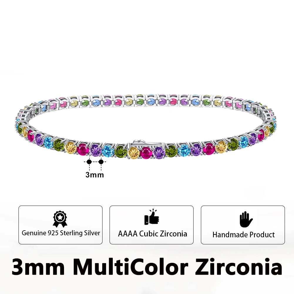 925 Sterling Silver 3mm Multicolor Zirconia Tennis Bracelet