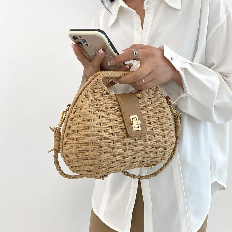 Fashion Wicker Rattan Bag Woven Women Handbags Summer Travel Crossbody Bag