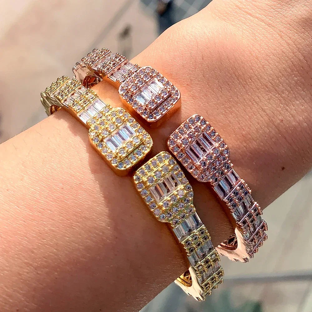 Rectangle Square Cubic Zirconia Charm Open Bangle Bracelet Women Fashion Jewelry
