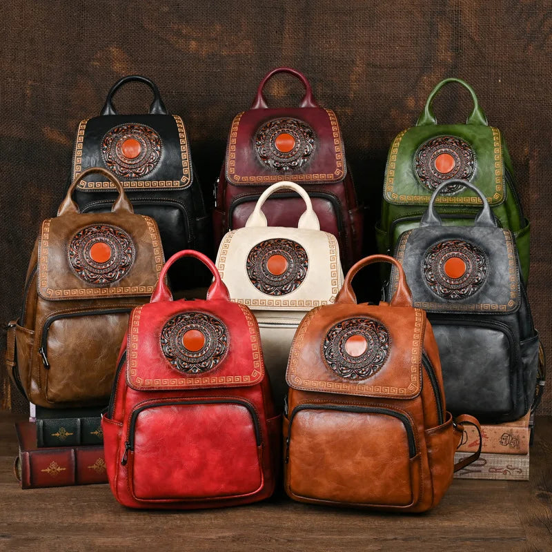 Vintage Handmade Leather Backpack Embossed Large Capacity Bag