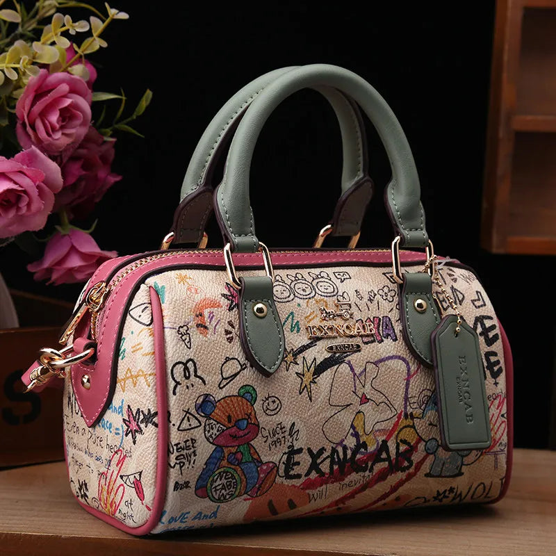 Luxury Vintage Handheld Boston Bag Fashion Cartoon Graffiti Leather Trendy Bag