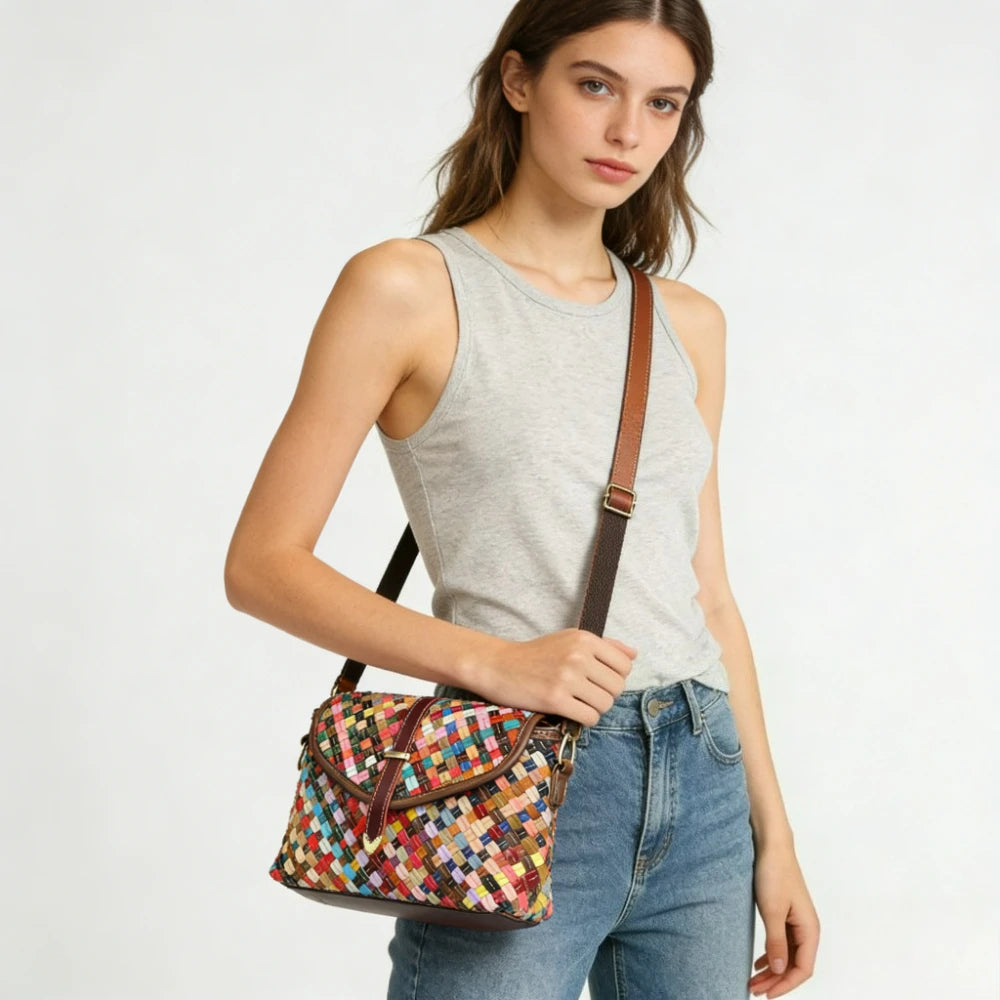 Crossbody bag rainbow hand woven genuine leather bag