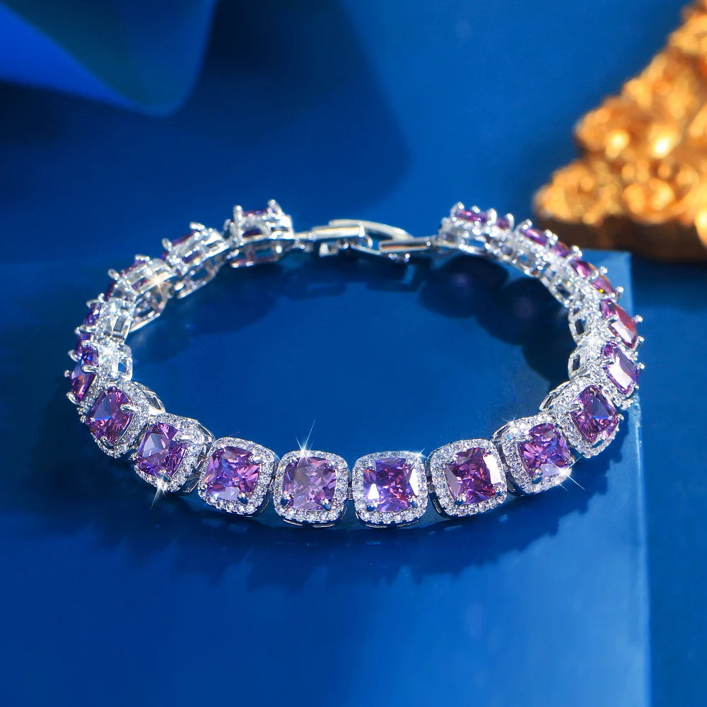 Luxury Brilliant Purple Pink Yellow Zirconia Square CZ Tennis Bracelet Jewelry for Women