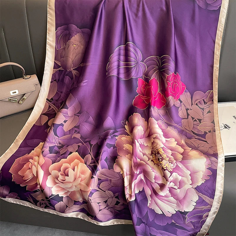 180*90cm Large Silk Satin Scarf Hijab Women Print Shawl