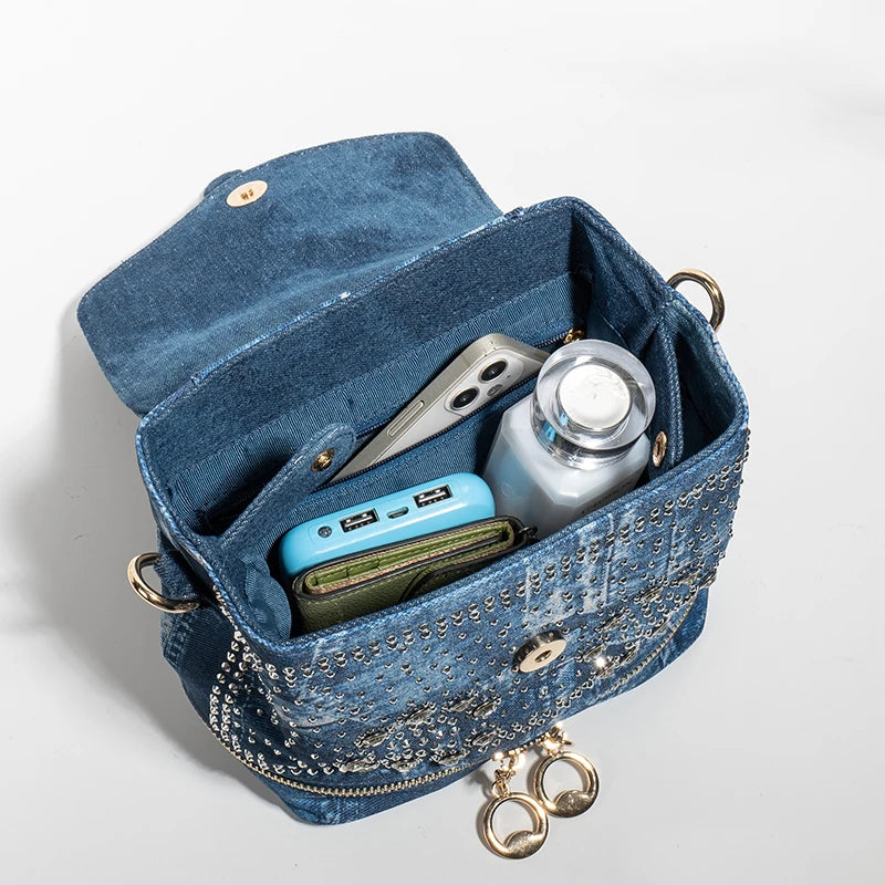 Diamond Appliques denim backpack multi-functional portable one-shoulder backpack