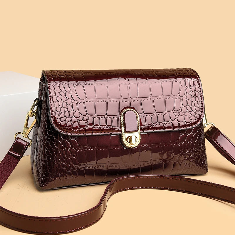 Luxury Patent Leather Handbag Designed With Crocodile Pattern
