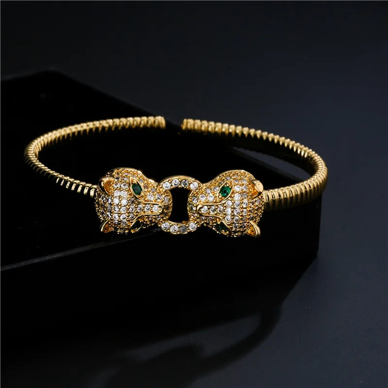 Trendy leopard head open bracelet 18K gold electroplated