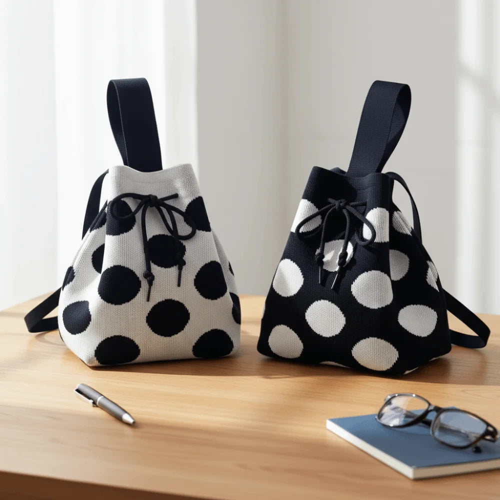 Crossbody Patterned Polka Dot Bucket Bag Soft Knit Tote