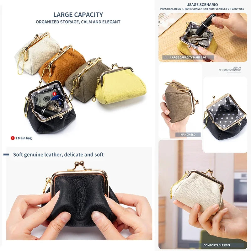 Genuine Leather Mini Vintage Coin Purses Kiss Lock Design