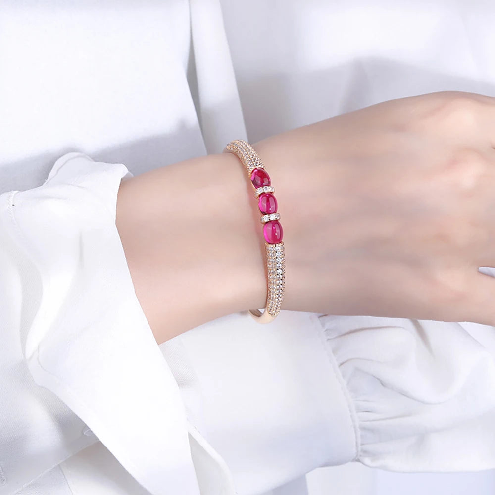 Luxury Bangles Vintage 6*8mm Ruby Stone Rose Gold Color Cuff Bracelets Fine Jewelry