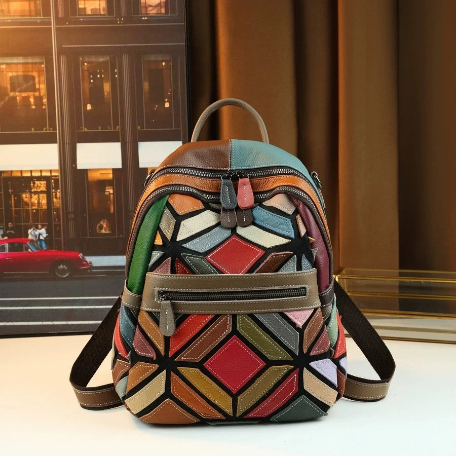 Patchwork Women Genuine Leather Backpack Vintage Fashion