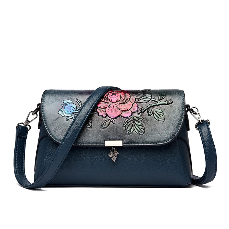 Vintage 3D Floral Embossed Crossbody Bag Soft Leather Elegant Bag Luxury Handbag