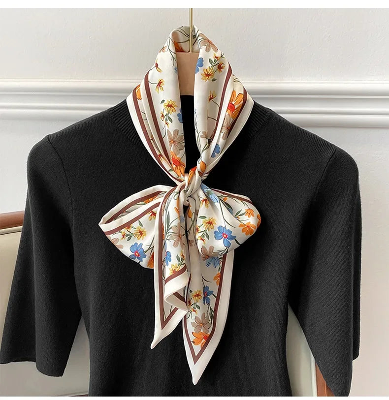 Fashion Headbands Women's Flower Print Lightweight Scarf Streamer Soft Satin Neckerchief