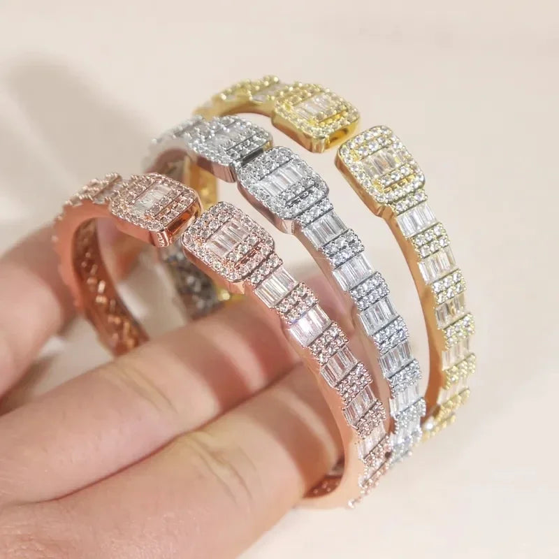 Rectangle Square Cubic Zirconia Charm Open Bangle Bracelet Women Fashion Jewelry