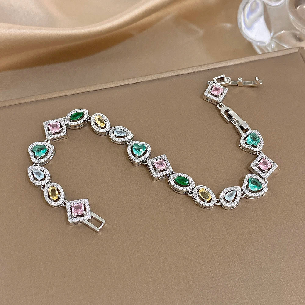 Colorful Rhinestone Chain Bracelet Sliver Color Multiple Geometry Shape Design Bangle
