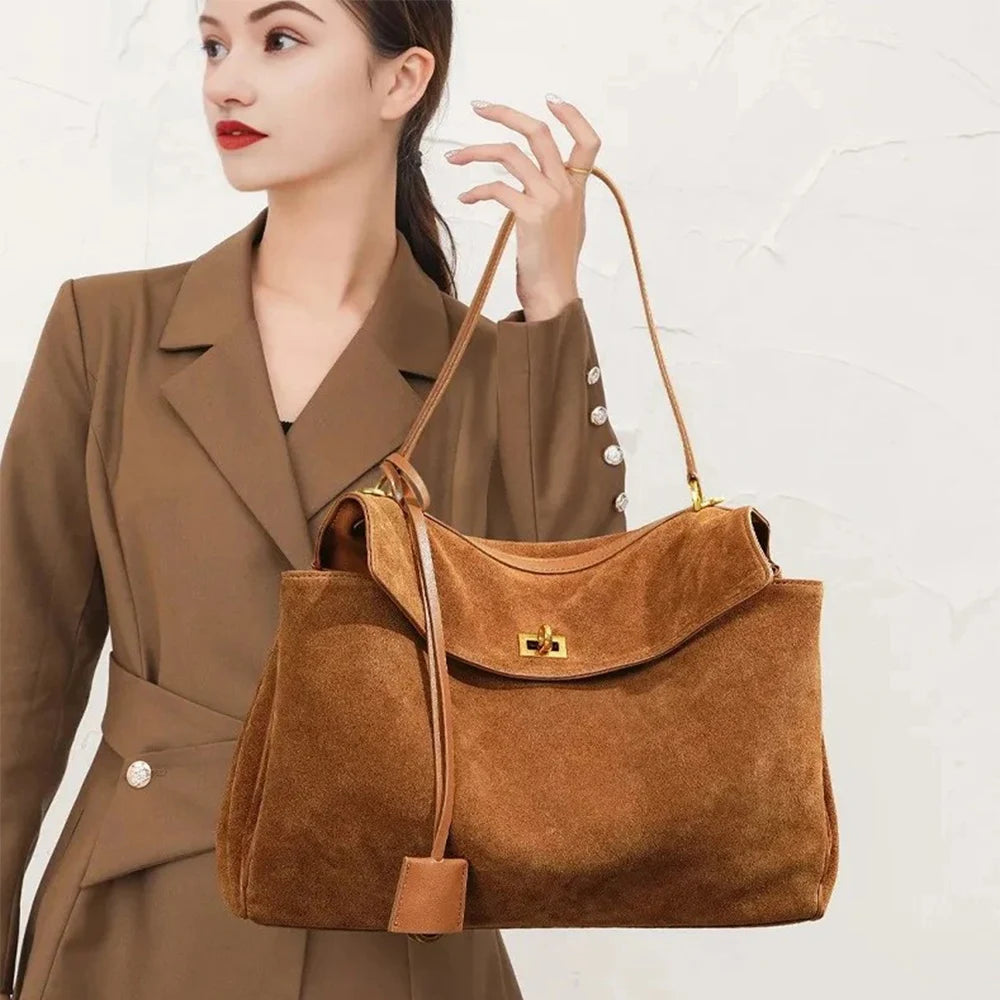 Women's Suede Genuine Leather Bag Shoulder Handbag Large Capacity Tote Handbag