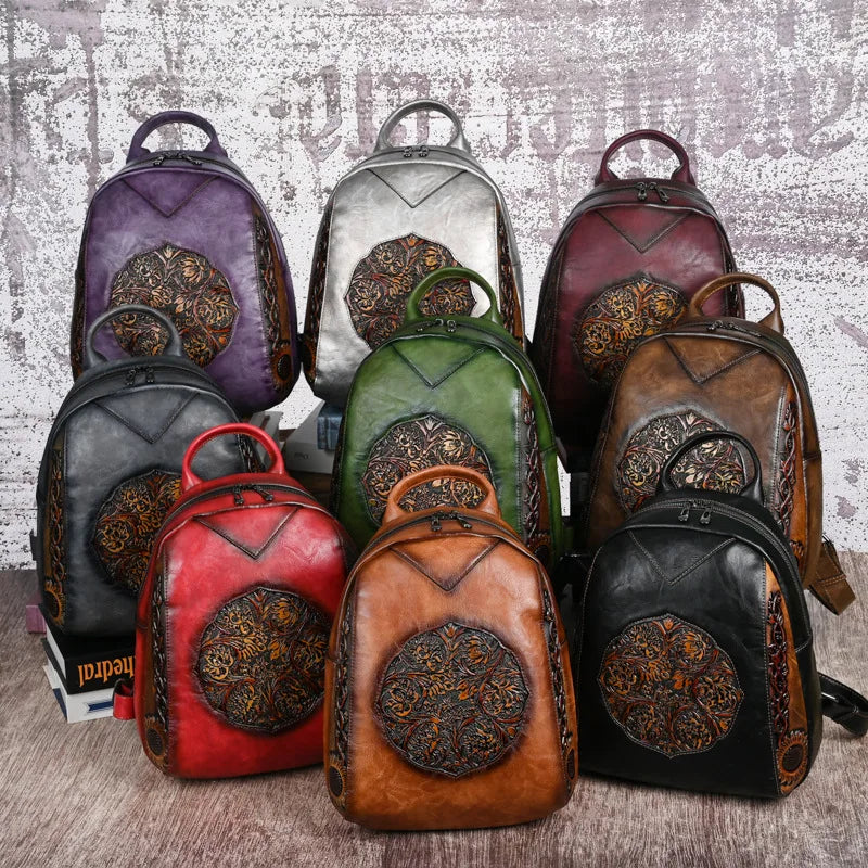 Vintage Tang Grass Embossed Leisure Travel Luxury Backpack