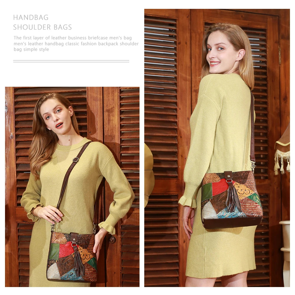 Women's Shoulder Bag Genuine Leather Fashion Patchwork Design