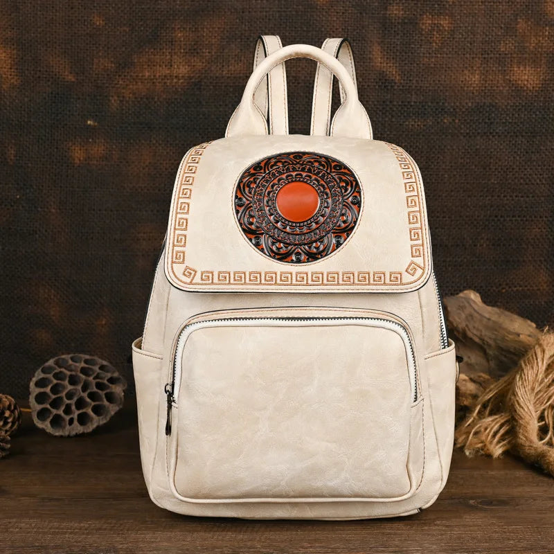 Vintage Handmade Leather Backpack Embossed Large Capacity Bag
