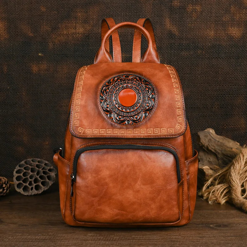 Vintage Handmade Leather Backpack Embossed Large Capacity Bag