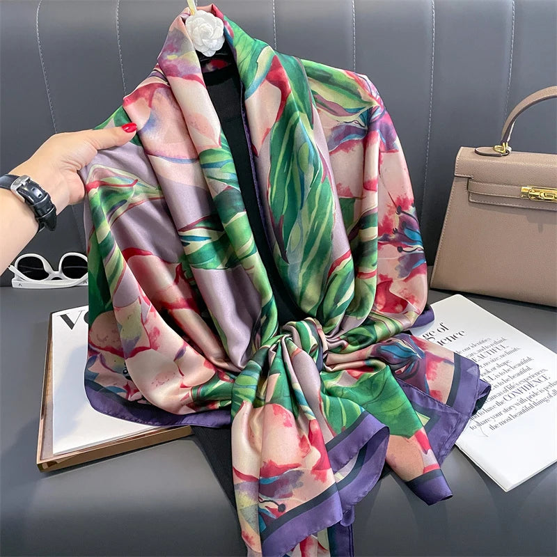 180*90cm Large Silk Satin Scarf Hijab Women Print Shawl