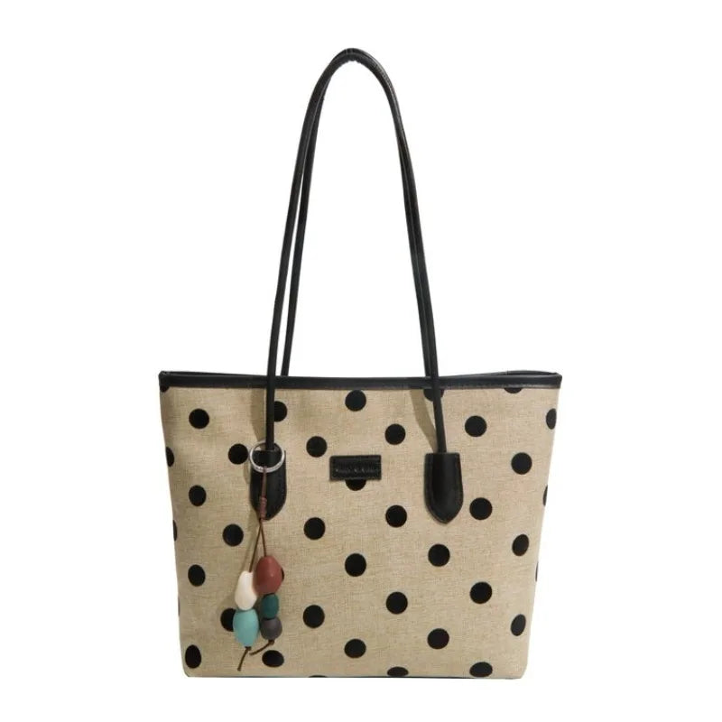 Big Polka Dot Woven Canvas Spliced PU Large Tote Bag