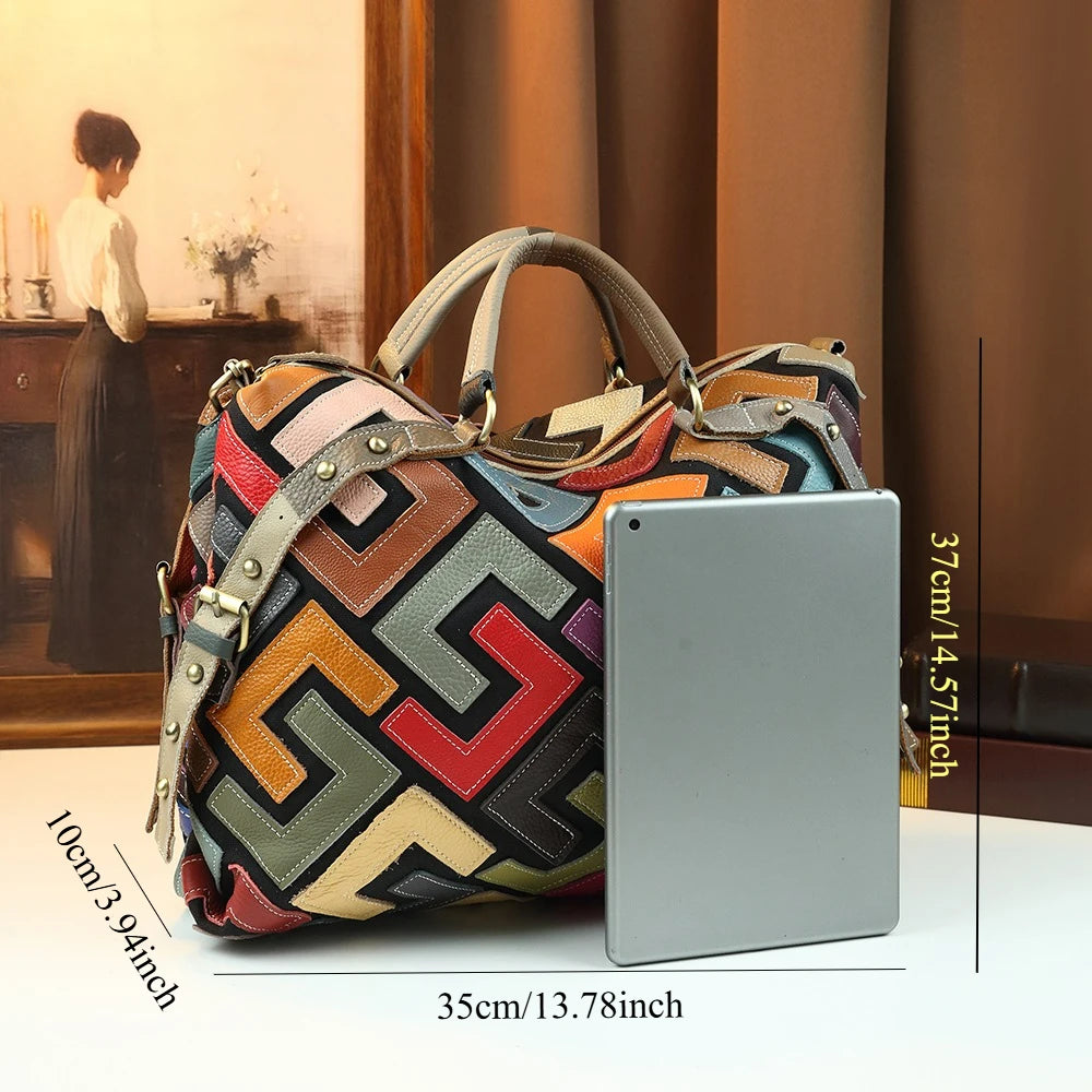 Crossbody retro geometric color blocked leather computer bag