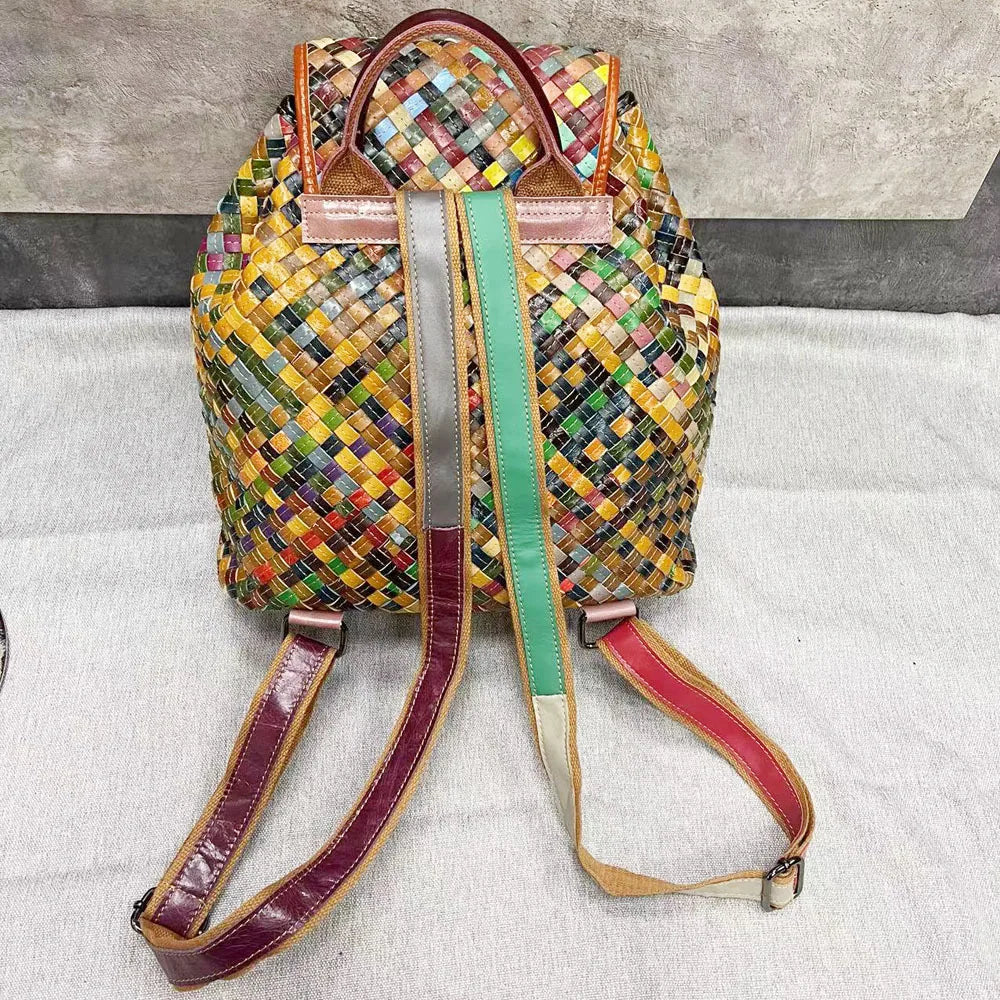 Color Weaving Genuine Leather Backpack Real Cow Leather Backpack Vintage Fashion