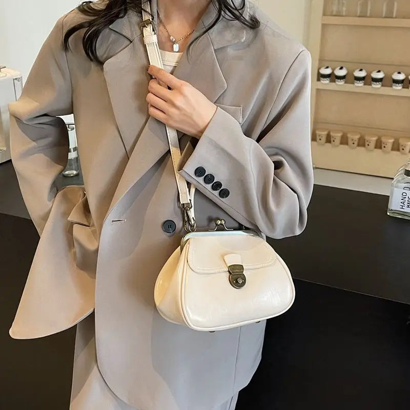 Metal Clip Handbag Leather Stitching Large Capacity Shoulder Bag