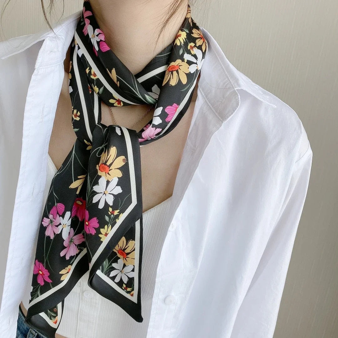 Fashion Headbands Women's Flower Print Lightweight Scarf Streamer Soft Satin Neckerchief