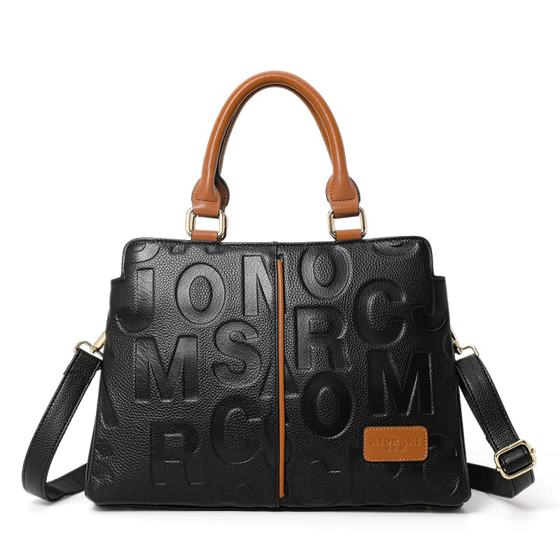 Ladies' Genuine Cowhide Leather Handbag with Letters Crossbody Large-Capacity Tote Bag