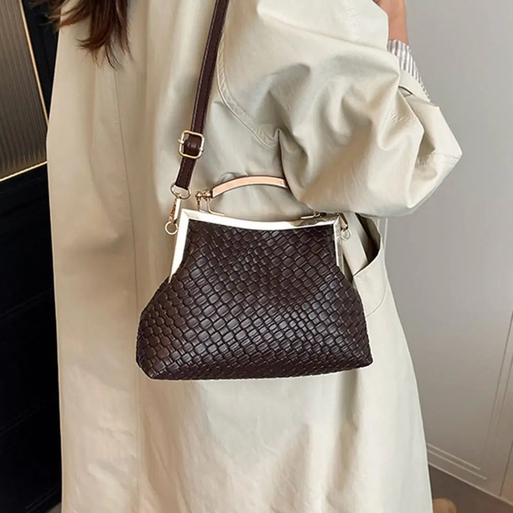 Large Capacity Woven Style PU Leather Retro Clip Lock Bag