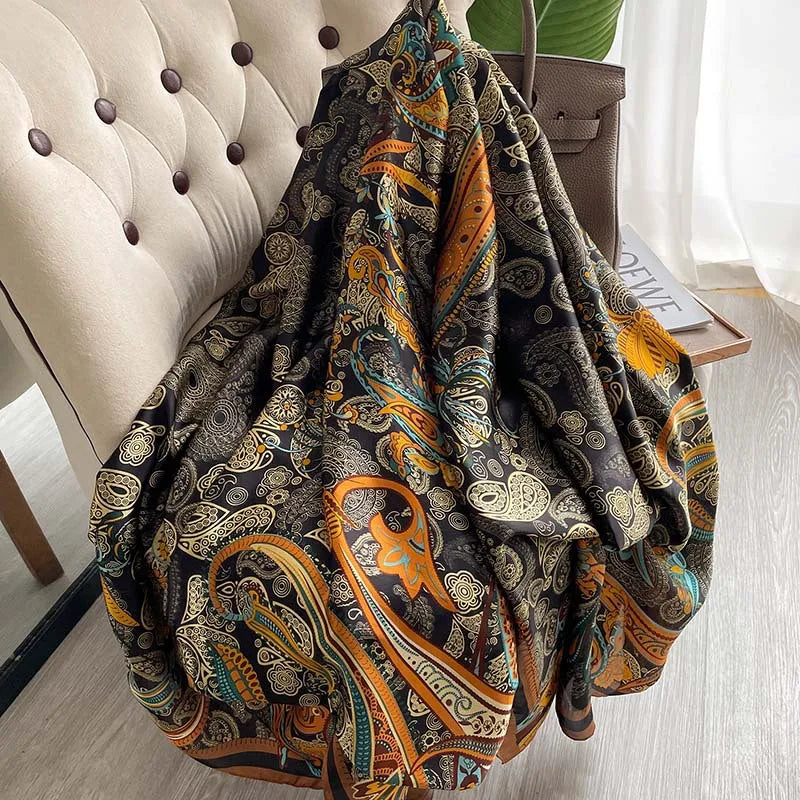 180*90cm Large Silk Satin Scarf Hijab Women Print Shawl