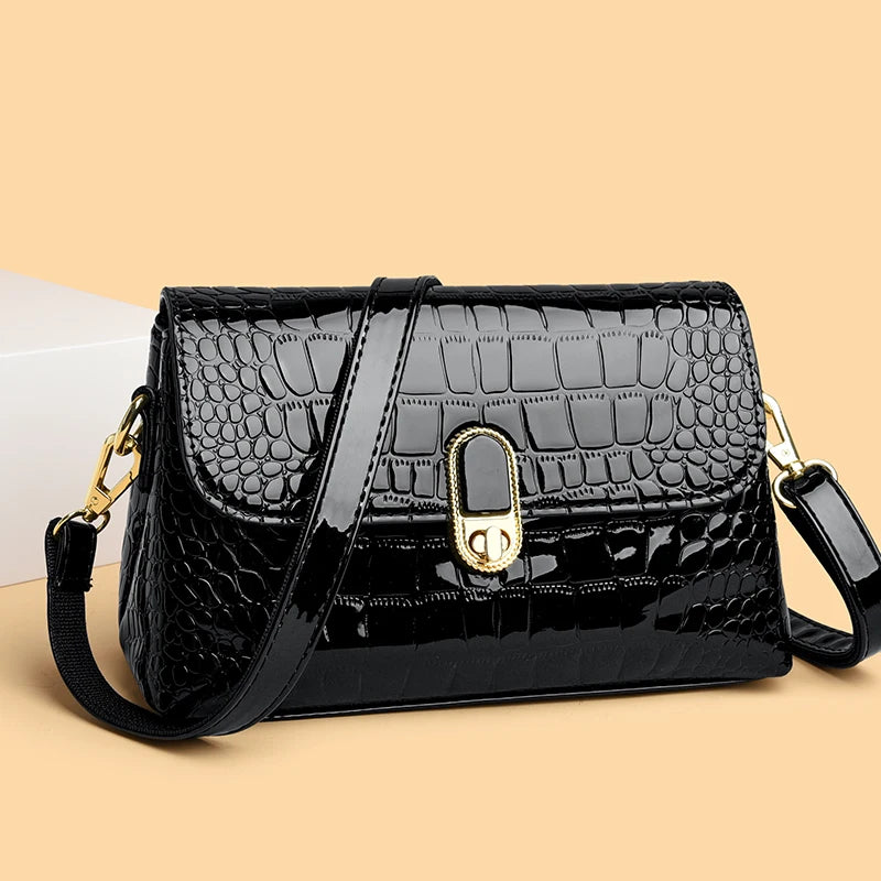 Luxury Patent Leather Handbag Designed With Crocodile Pattern