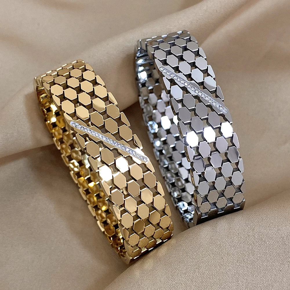 Chunky Inlaid Rhinestone Geometric Wide Stainless Steel Bangles Bracelets