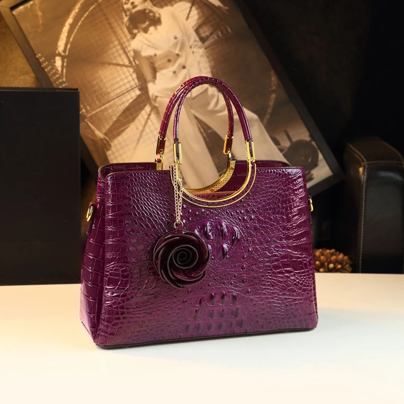 Genuine Leather Handbags Crocodile Pattern Flower Tassel Shoulder Messenger Bag