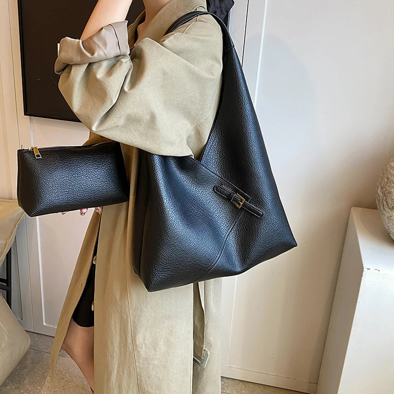 Lychee Pattern 2-IN-1 Shoulder Bag Set Soft PU Leather
