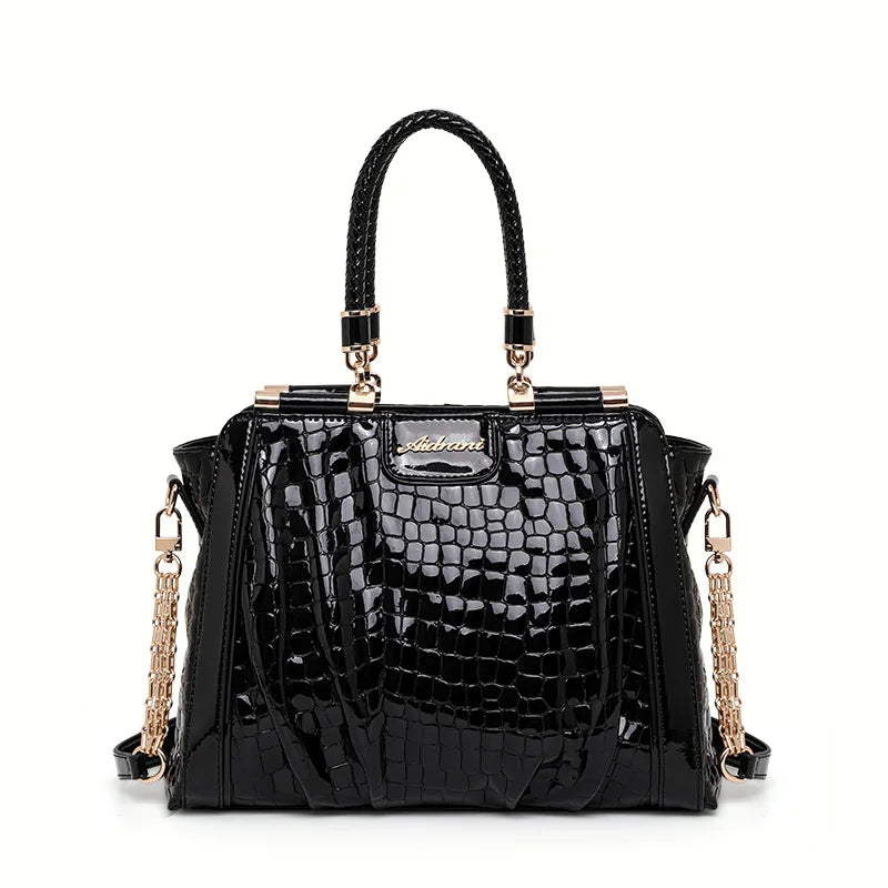 Black Crocodile Pattern Embossed Patent Leather Top Handle Bag