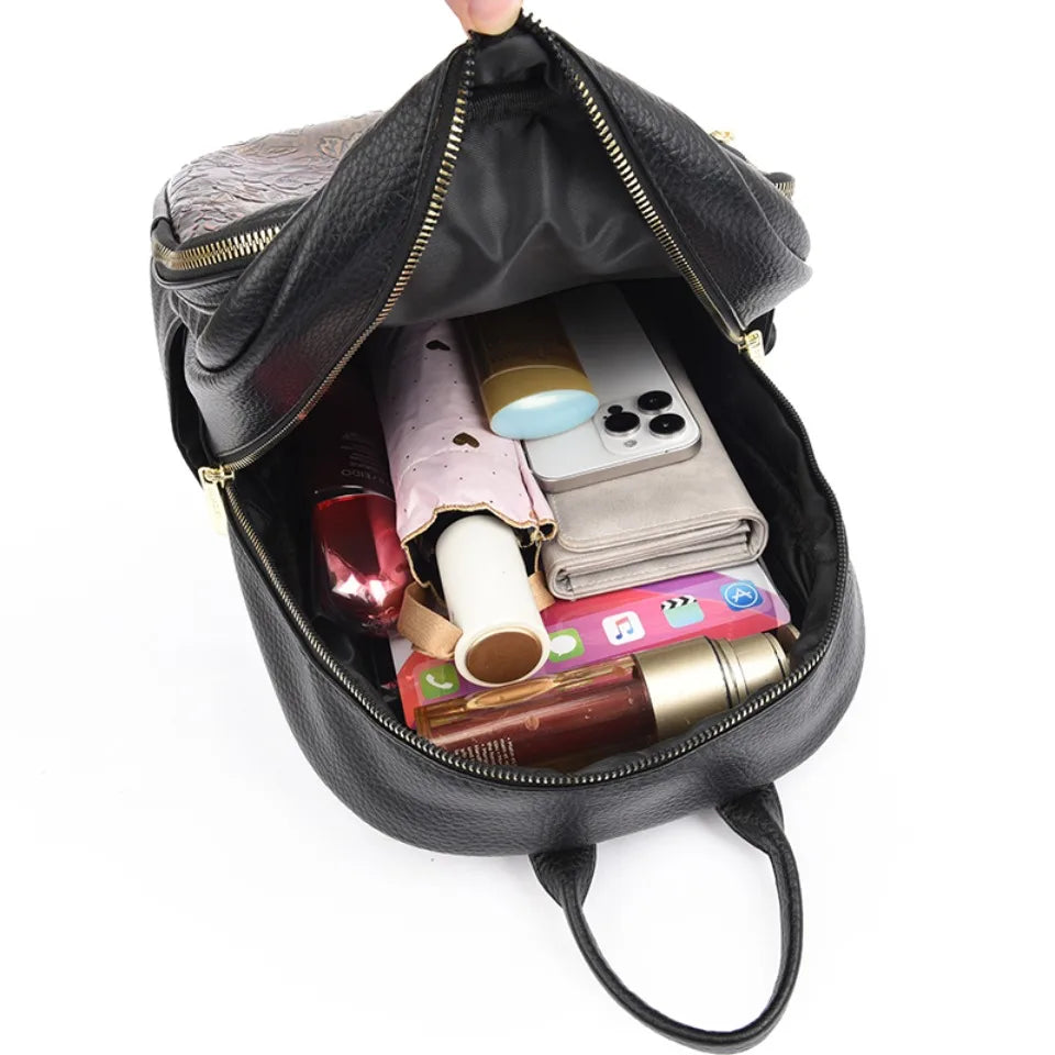 Vintage Floral Print High Quality Soft Leather Backpack Women Large Capacity Bag