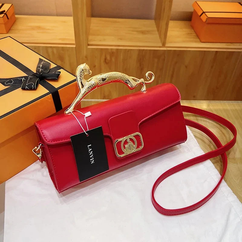 Women's Handbag Metal Handle Leather Trendy Design Crossbody Fashion Bag