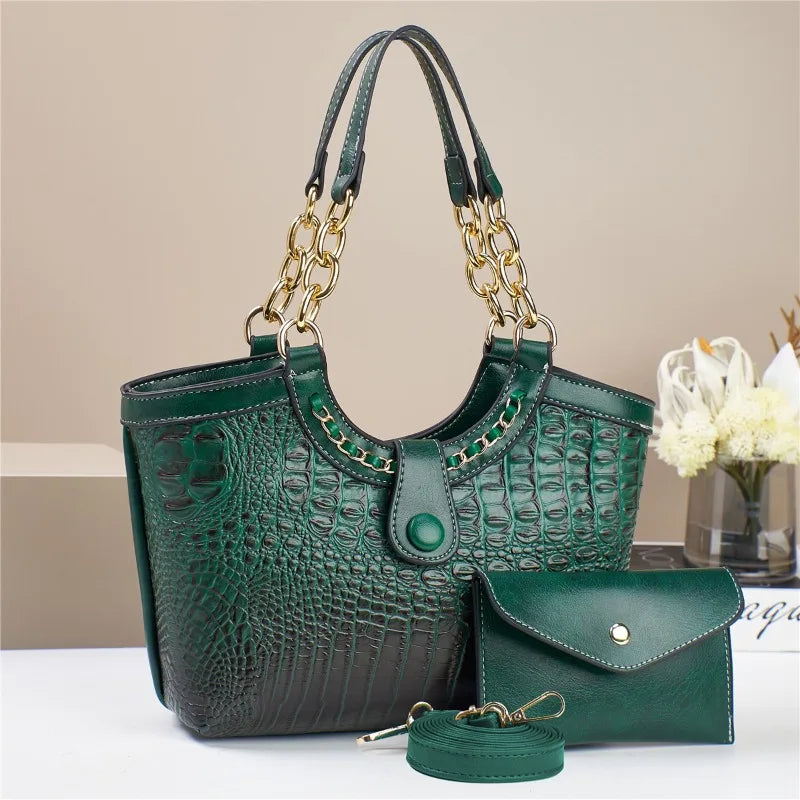 2Piece Set Chain Exquisite Crocodile Patterned Purse Handbag Elegant Crossbody