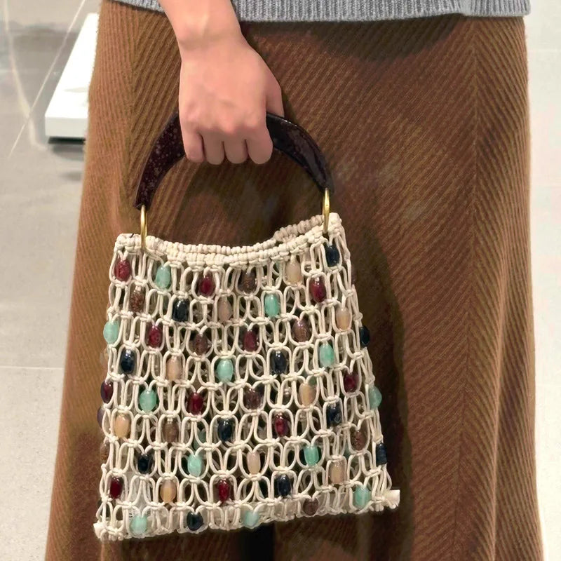 Hand-woven Beaded Tote Wooden Handle Knitted Bag