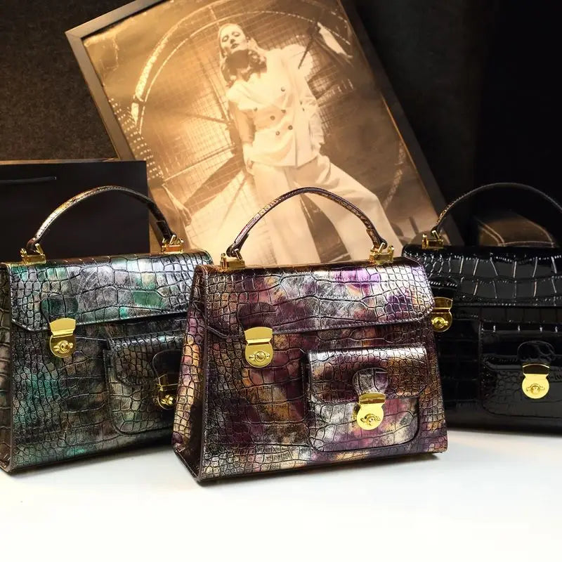 Genuine Leather Gradient Crocodile Pattern Messenger Bag