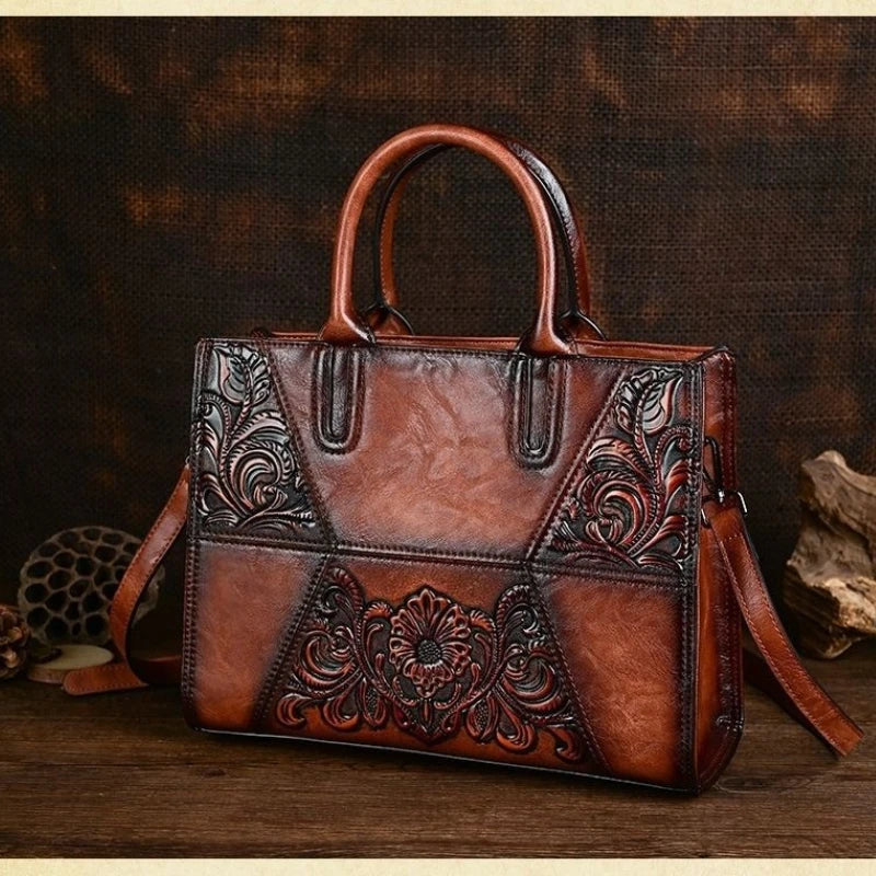 Embossed Splicing Retro Bag Portable Messenger Package Fashion Flowers Pack