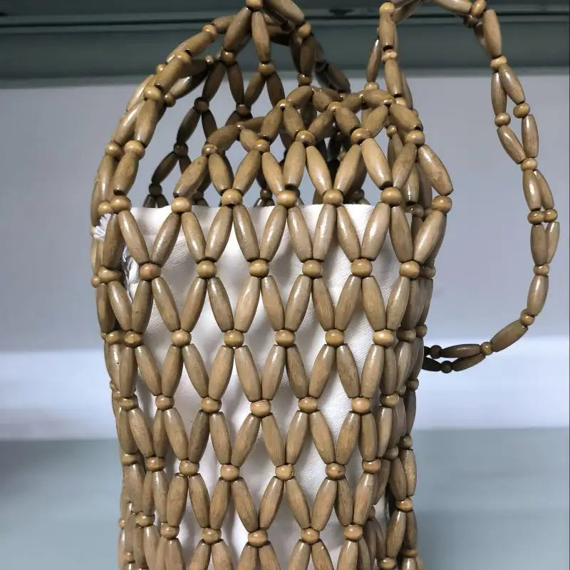 Handmade Beaded Shoulder Bag Hollow-out Wooden Bead Tote Woven Bag Bucket Bag