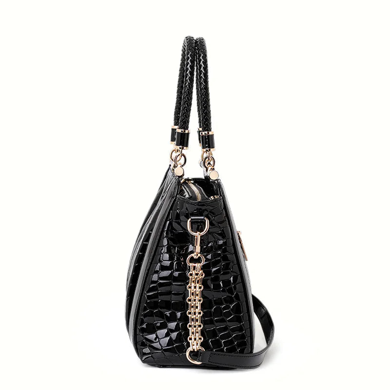 Black Crocodile Pattern Embossed Patent Leather Top Handle Bag